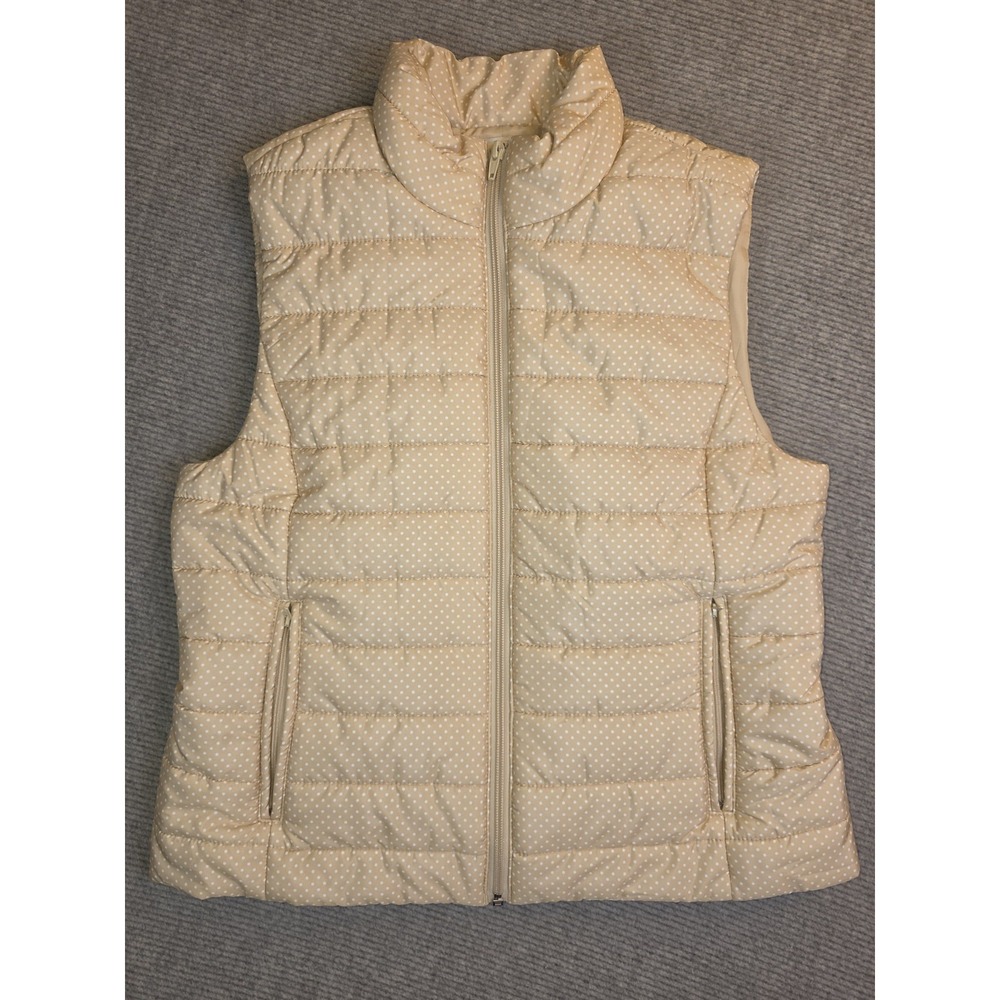 Ann Taylor Loft Puffer Vest Tan White Polka Dot Lined Full Zip EUC Size M